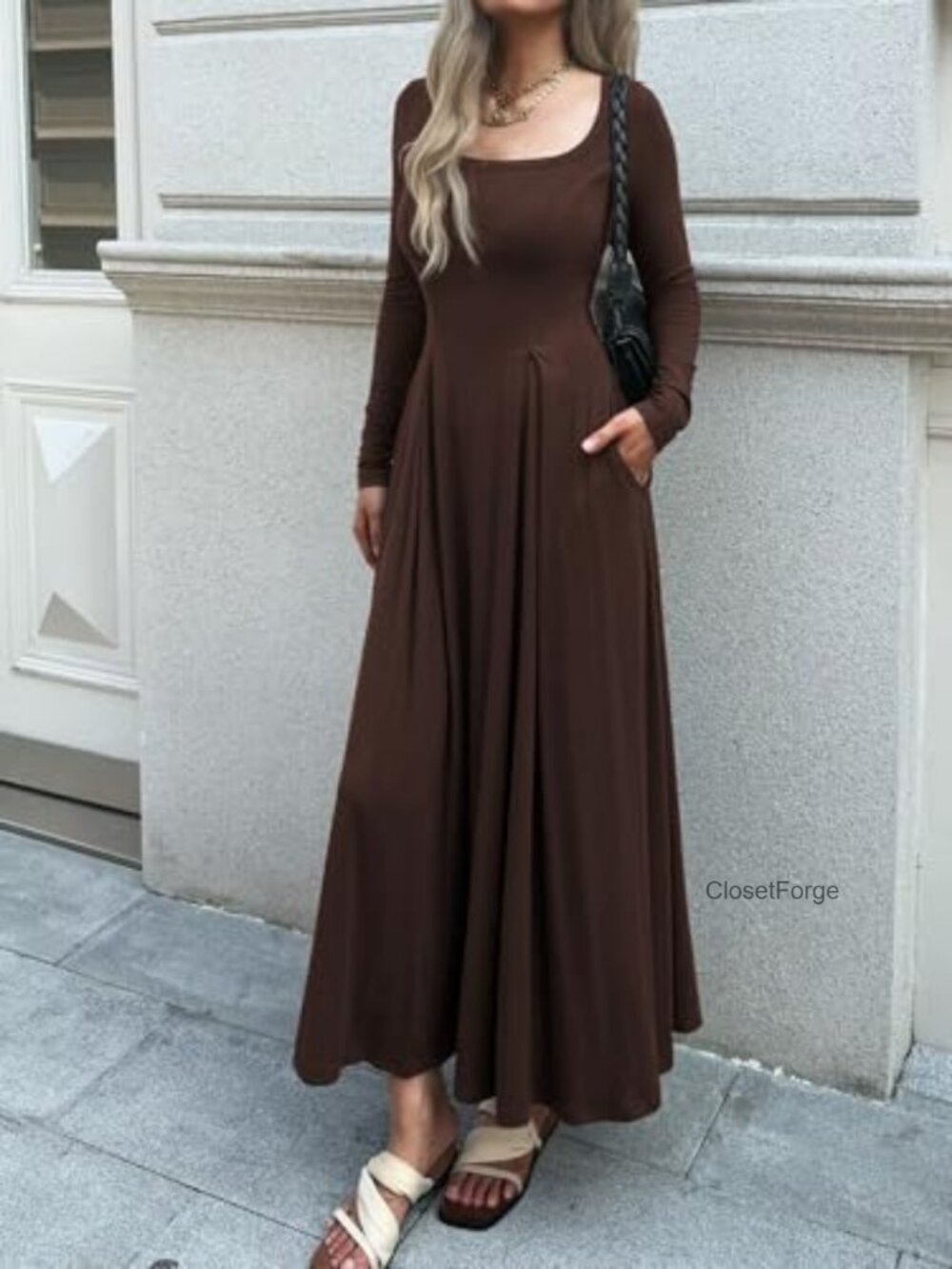 Women Long Sleeve Square Neck Maxi Pleated Dress with Pockets Fall Casual - Picture 3 of 6